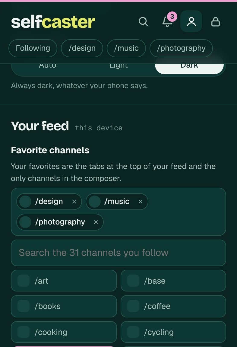 Favorite channels: three picked channels at the top, then a searchable list of followed channels.
