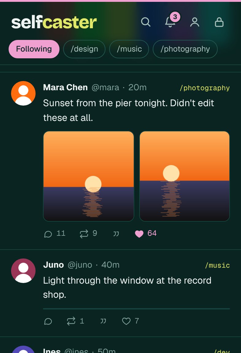 Selfcaster's Following feed on a phone: a cast with two sunset photos, then the next casts in order.