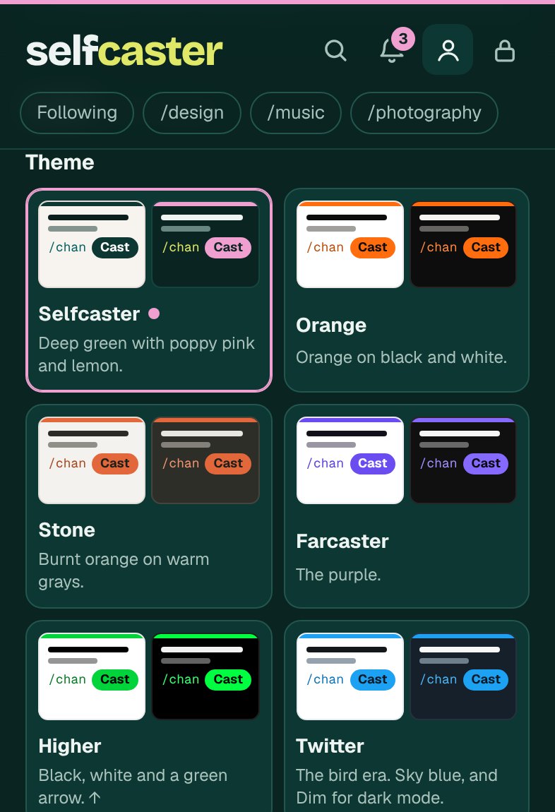 The theme picker: seven themes shown as small light and dark previews.